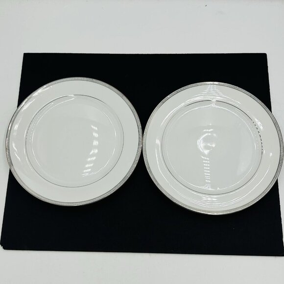 Mikasa 8258 Barclay 10.25" Dinner Plates Set of 2 White Platinum Trim Vintage - Picture 1 of 9